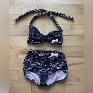 Retro Pinup Black and Pink Lace Bikini Set Xs